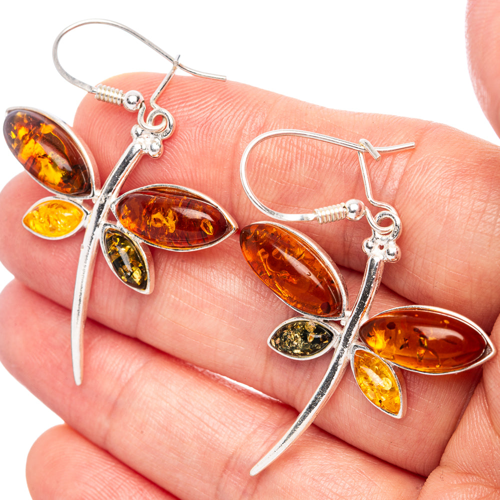 Baltic Amber Dragonfly Earrings 2" (.925 Sterling Silver)