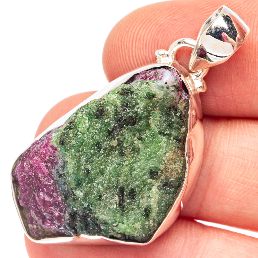 Sterling silver pendant with ruby zoisite gemstone, faceted irregular drop
