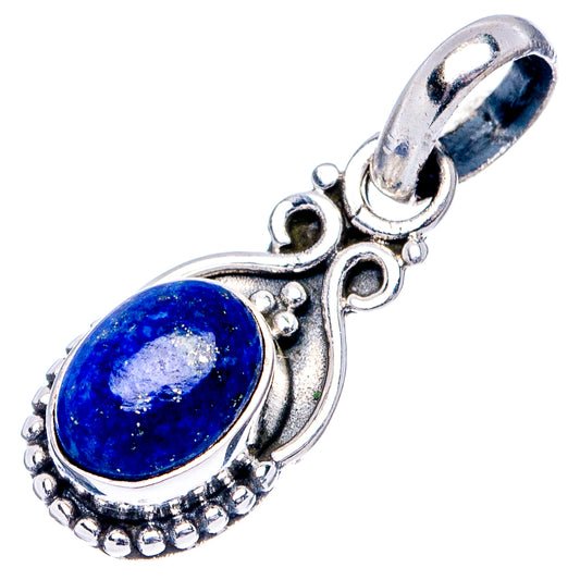 Sterling silver lapis lazuli oval pendant with loop bail and decorative scrollwork