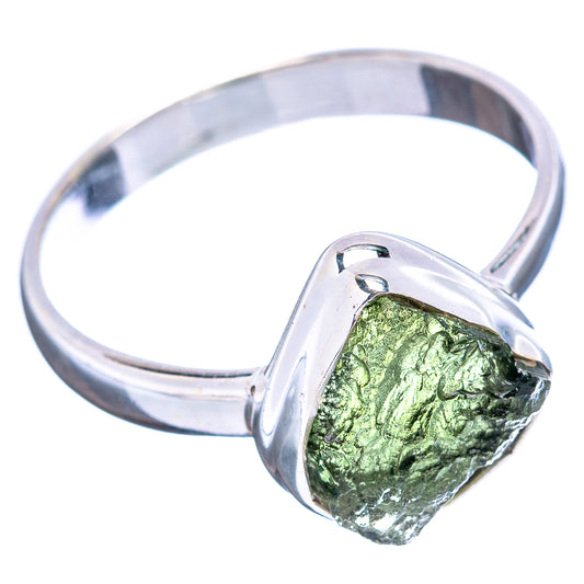 Silver ring with glossy green moldavite slice and high bezel prongs