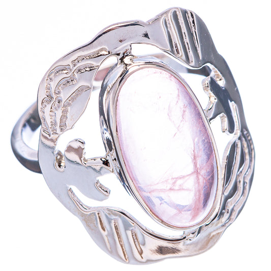 Rose quartz oval ring, silver-tone engraved band with openwork, pale pink-purple stone