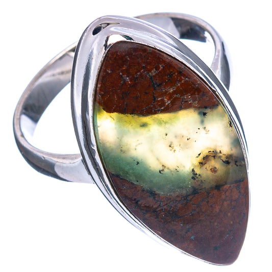 Sterling silver ring with teardrop chrysoprase cabochon, green and dark brown