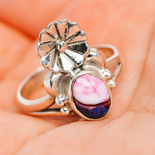 Southwestern Style Pink Dahlia Turquoise Ring Size 7 (.925 Sterling Silver)