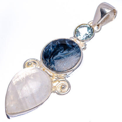 Premium Pietersite, Rainbow Moonstone, Blue Topaz Pendant 2" (.925 Sterling Silver)