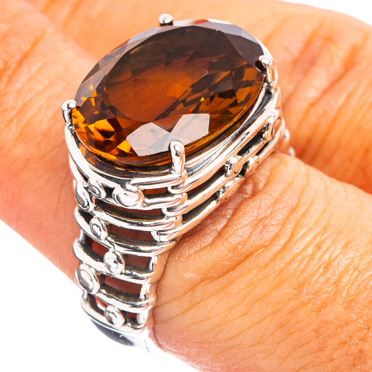 Faceted beer quartz sterling silver ring with oval dark amber gemstone bezel