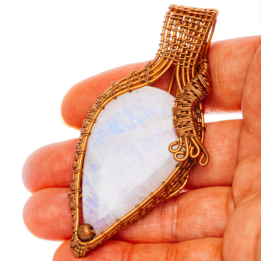 Rainbow Moonstone Wire Wrap Pendant 3" (Copper)
