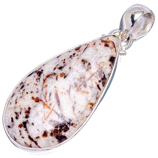 Astrophyllite pendant teardrop stone with white base and brown mineral inclusions, silver frame