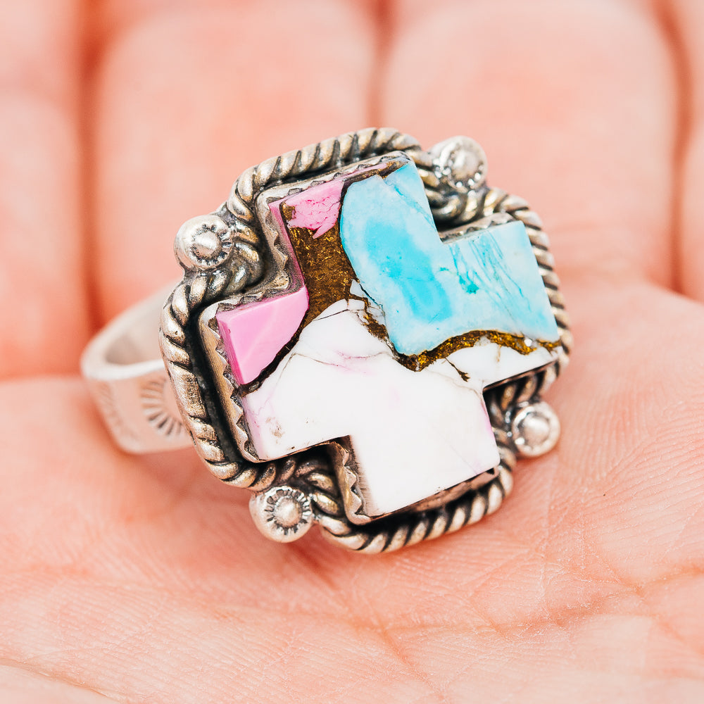 Exclusive Cotton Candy Turquoise Cross Ring Size 9 Adjustable (.925 Sterling Silver)