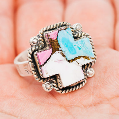 Exclusive Cotton Candy Turquoise Cross Ring Size 9 Adjustable (.925 Sterling Silver)