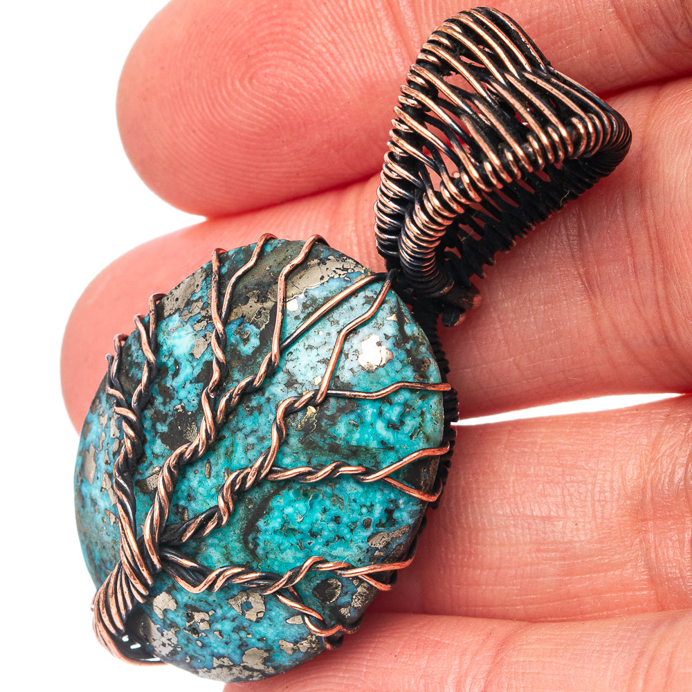 Turquoise tree of life pendant, oval turquoise stone with oxidized copper wire wrap