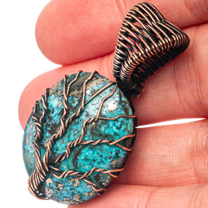 Turquoise tree of life pendant, oval turquoise stone with oxidized copper wire wrap