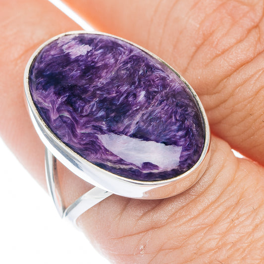 Oval charoite cabochon sterling silver ring, purple stone with silver bezel, size 7.5