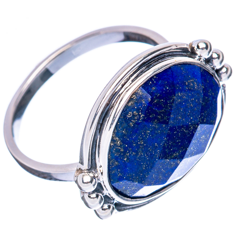 Lapis lazuli oval gemstone sterling silver ring, side view of band and bezel setting