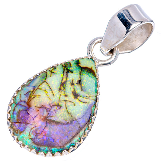 Sterling silver opal pendant, teardrop cabochon with rainbow iridescence in scalloped bezel