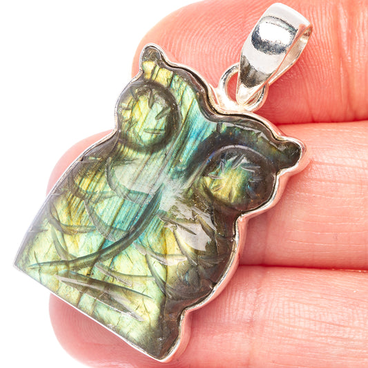 Carved Labradorite Owl Pendant 1 5/8" (925 Sterling Silver) P44246
