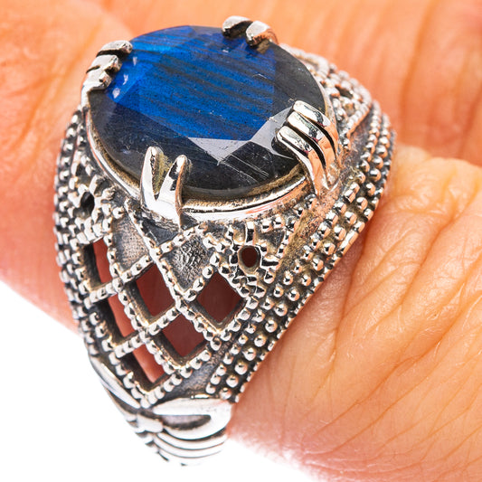 Blue oval labradorite-style stone ring with .925 sterling silver lattice filigree setting