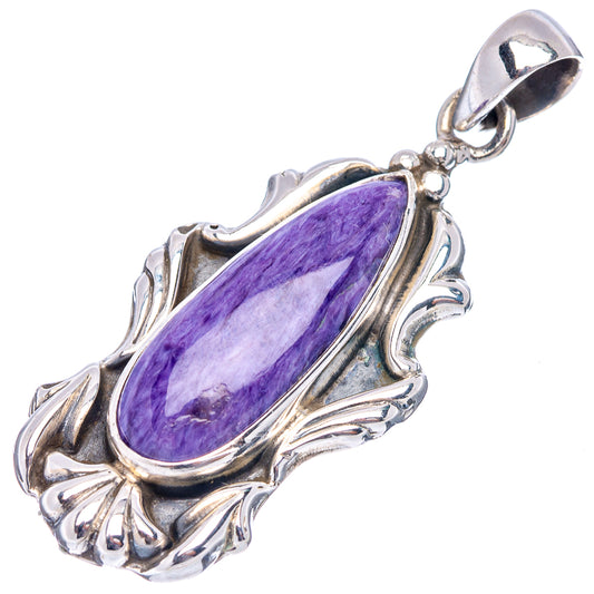 Oval charoite cabochon pendant with ornate 925 sterling silver setting and hanging bail