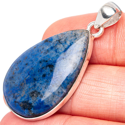 Sodalite teardrop pendant close-up on sterling silver bezel and top bail