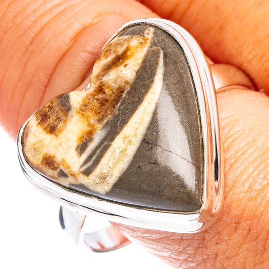 Sterling septarian heart ring in silver with dark-and-light brown marbled stone