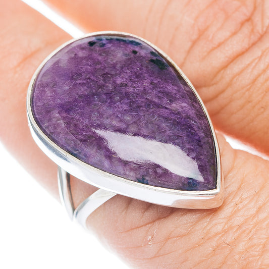 Teardrop charoite cabochon ring, purple stone set in .925 sterling silver.