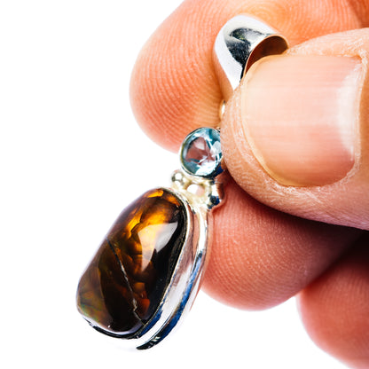 Mexican Fire Agate, Blue Topaz Pendant 1 3/8" (.925 Sterling Silver)