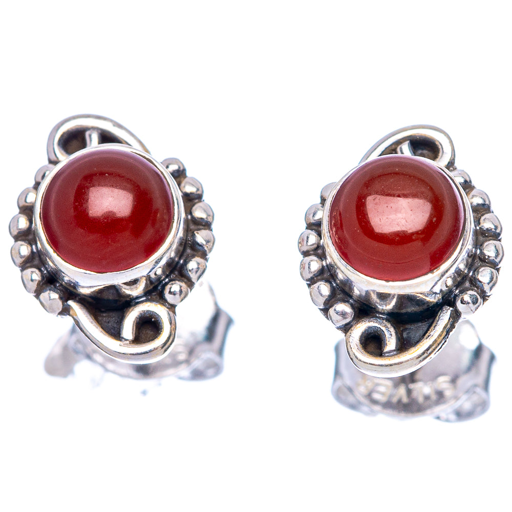 Dainty carnelian red stud earrings, 925 sterling silver round cabochon with beaded rim