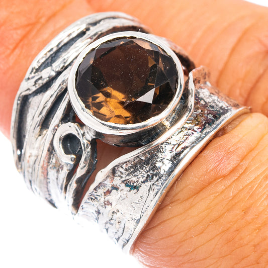 Smoky quartz sterling silver ring with dark faceted oval stone, split shank