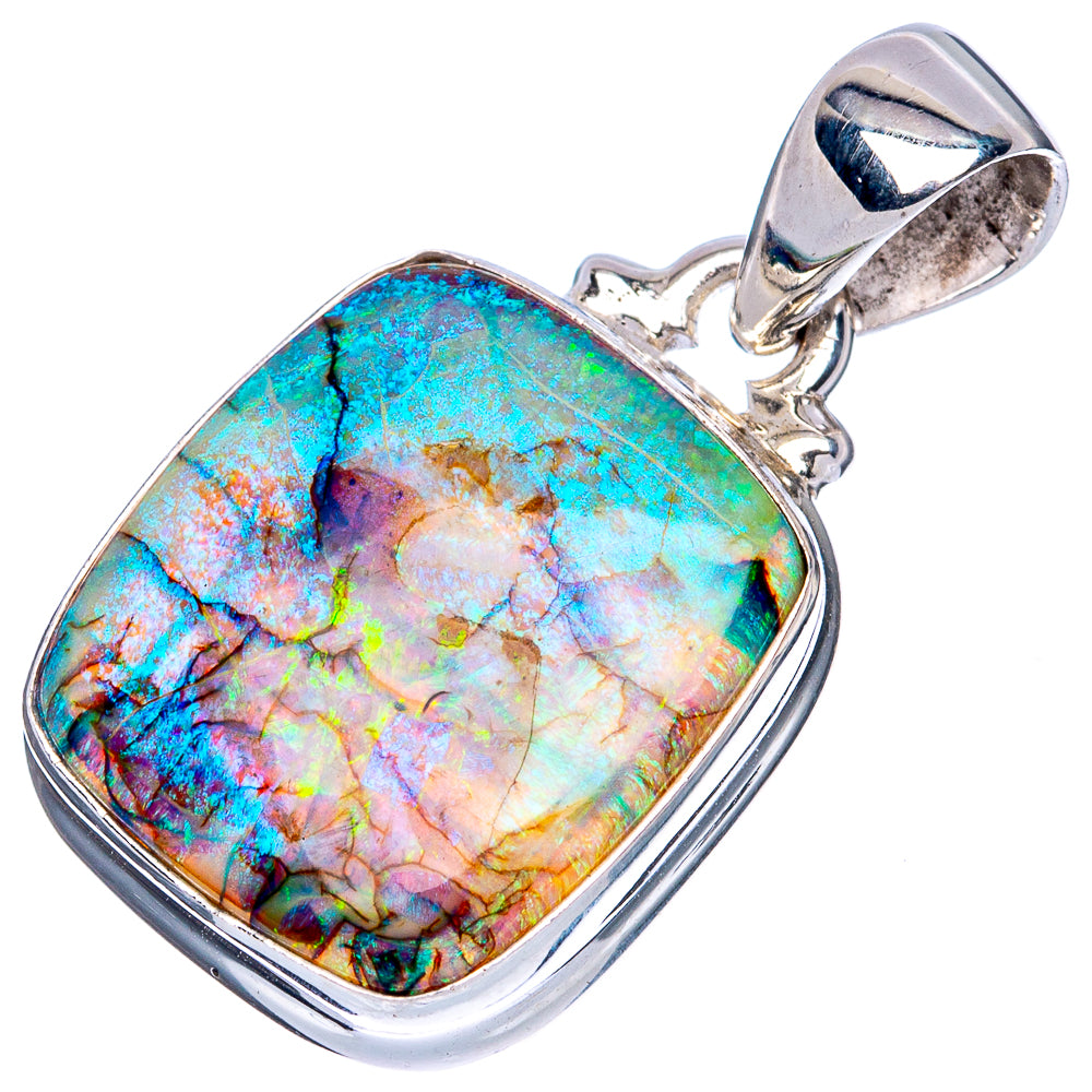 Sterling silver opal pendant with bail, square bezel, and rainbow turquoise iridescent center