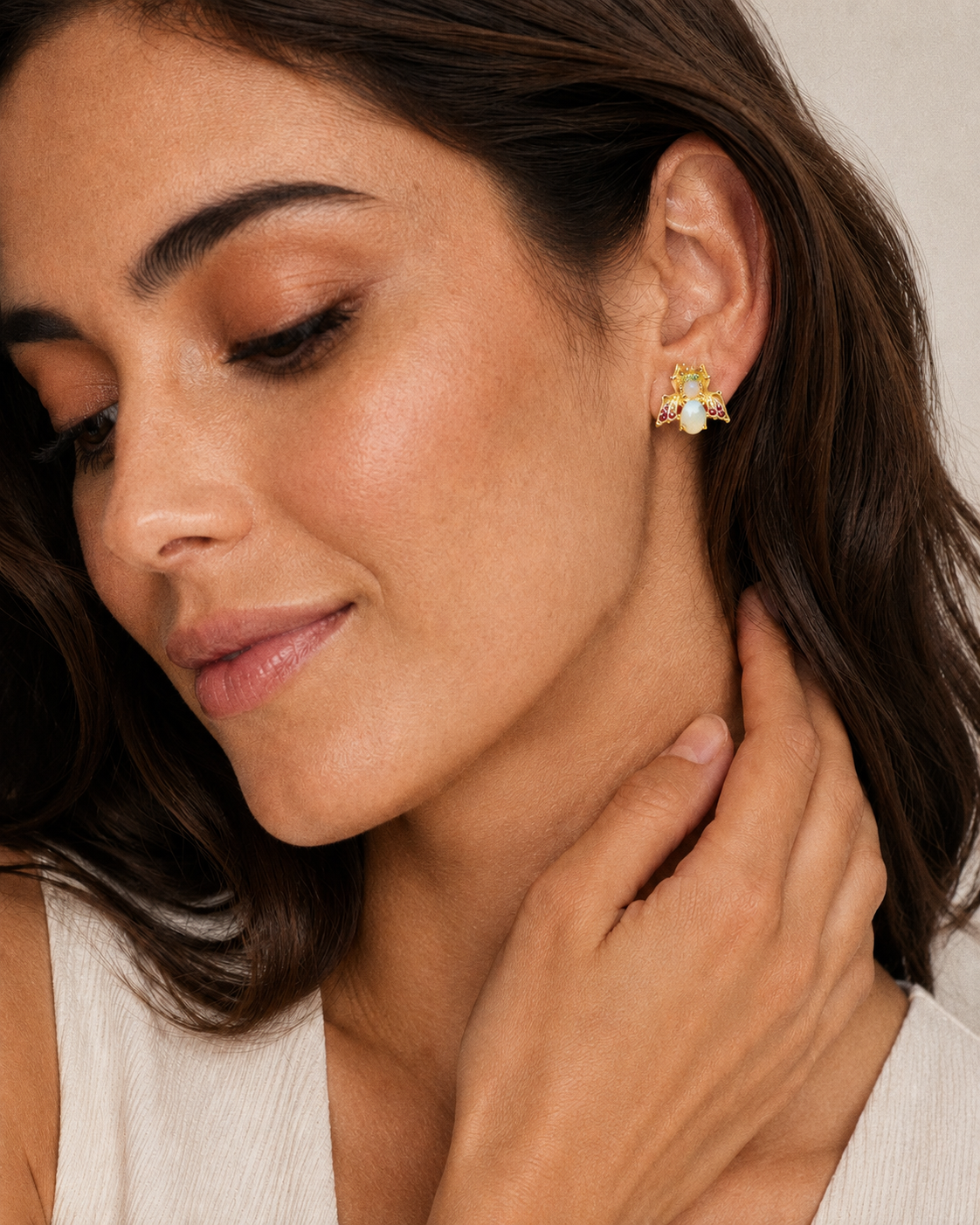 Ethiopian Opal, Rhodolite Garnet, Emerald Bee Earrings 3/4" (.925 Sterling Silver) 24k Gold Plated