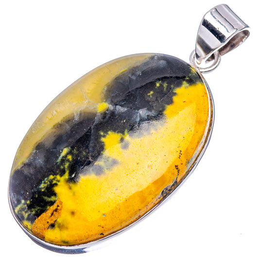 Oval bumblebee jasper pendant with dark and yellow marbling, .925 sterling silver