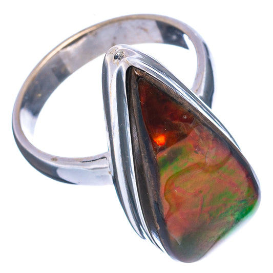 Teardrop ammolite ring in .925 sterling silver, size 6; iridescent red-green stone