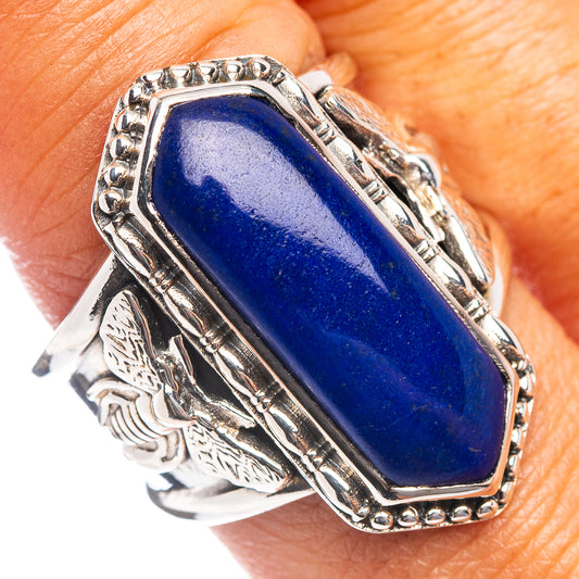 925 sterling silver ring with oval blue lapis lazuli centerpiece, ornate side settings