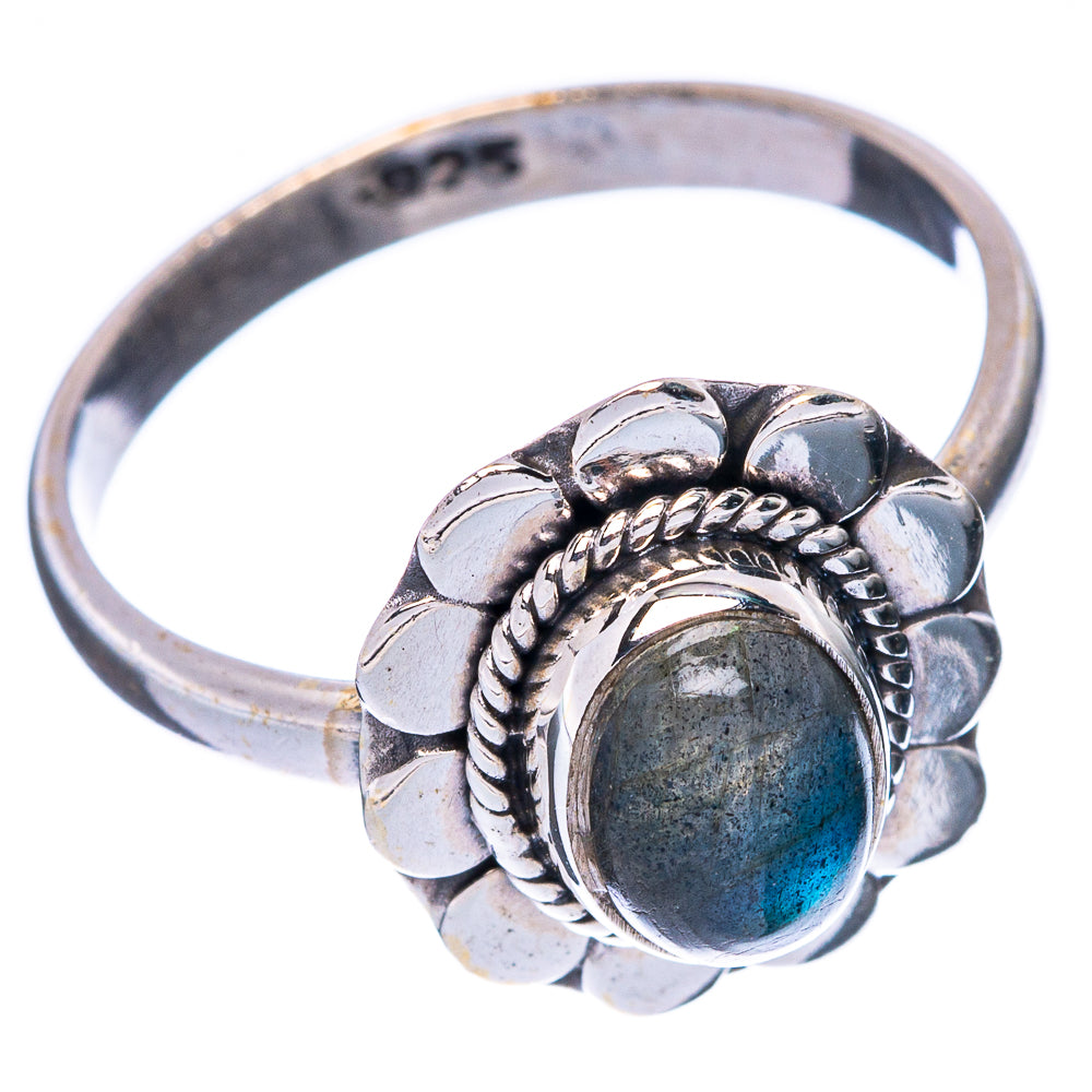 Sterling silver labradorite oval ring with scalloped rope bezel and 925 marking
