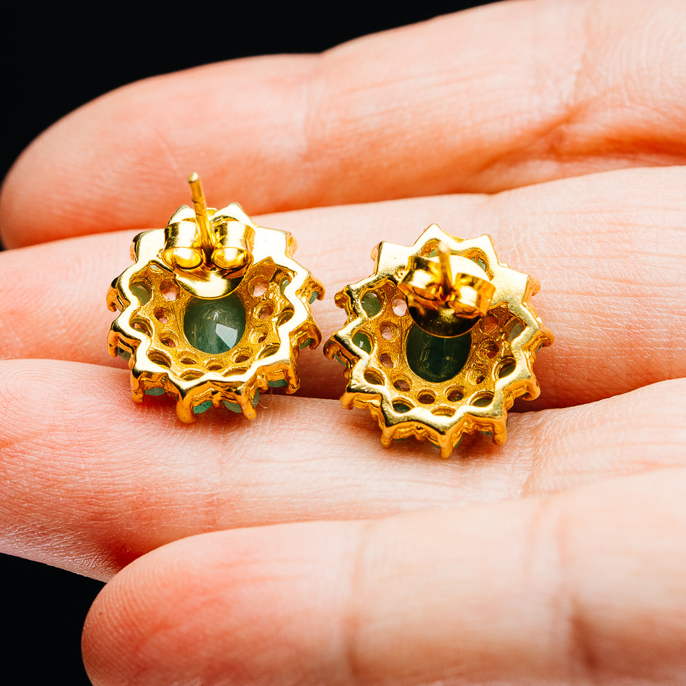 Emerald, White Topaz Floral Cluster Earrings 5/8" (.925 Sterling Silver) 24k Gold Plated