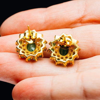 Emerald, White Topaz Floral Cluster Earrings 5/8" (.925 Sterling Silver) 24k Gold Plated