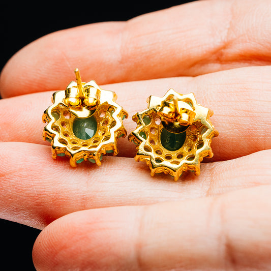 Emerald, White Topaz Floral Cluster Earrings 5/8" (.925 Sterling Silver) 24k Gold Plated