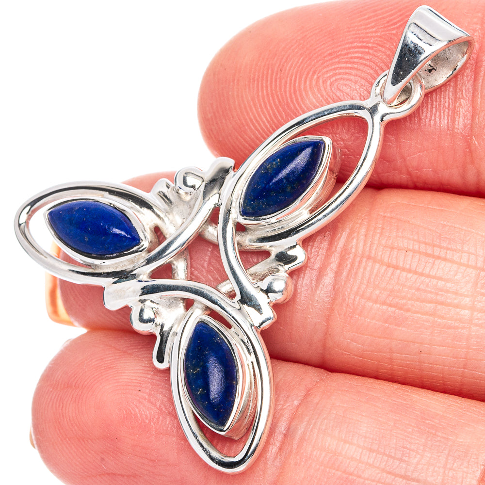 Sterling silver lapis lazuli pendant close-up with three oval blue stones