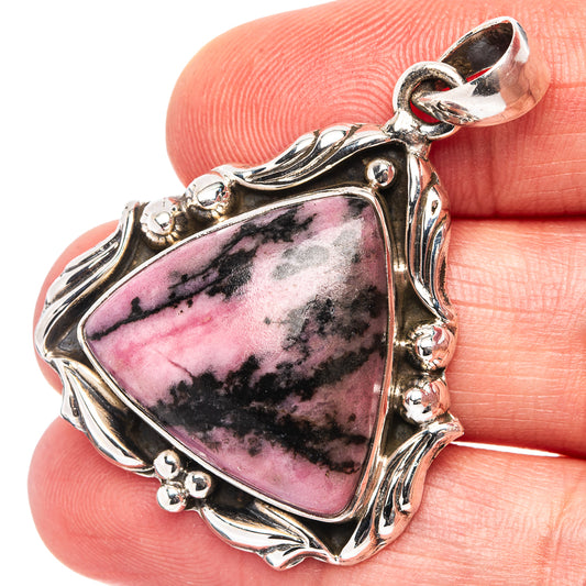 925 sterling silver rhodonite pendant with pink-and-black triangular stone, close-up bail