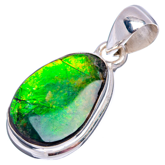 Oval green ammolite pendant with polished .925 sterling silver frame and top bail