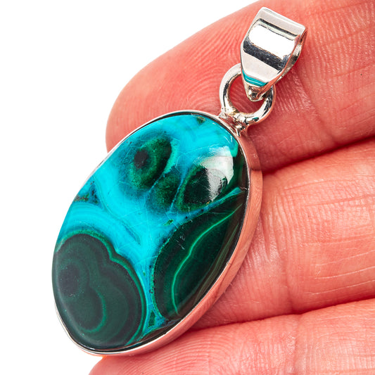 Oval teal and green malachite/chrysocolla pendant in .925 silver bezel and bail
