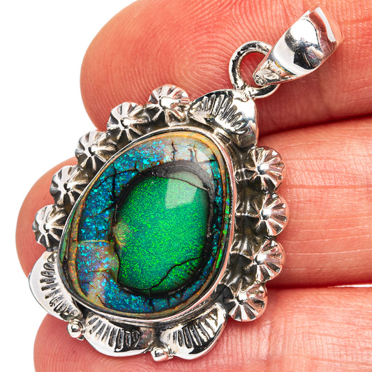 Oval green iridescent opal pendant in .925 sterling silver ornate bezel setting