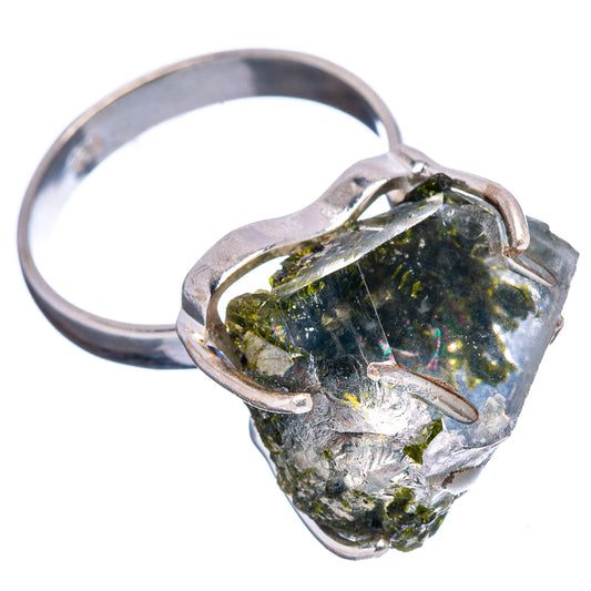 Raw epidote quartz ring, .925 sterling silver openwork prongs holding green quartz