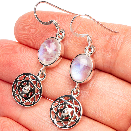 Rainbow Moonstone Flower 925 Sterling Silver Premium Earrings 1 3/4" (925 Sterling Silver) E2261