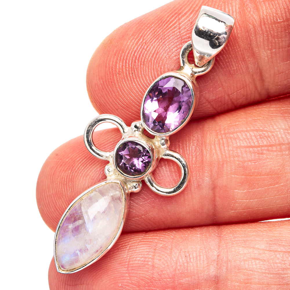 Rainbow Moonstone, Amethyst Pendant 1 5/8" (.925 Sterling Silver)