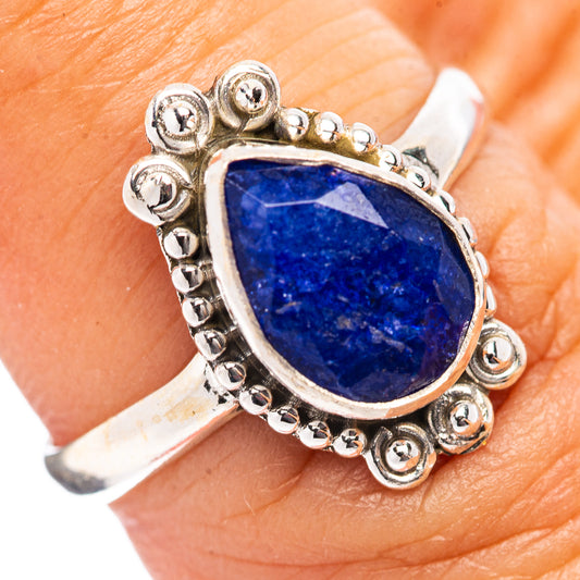 Sterling silver ring, oval blue sillimanite bezel with beadwork, size 7