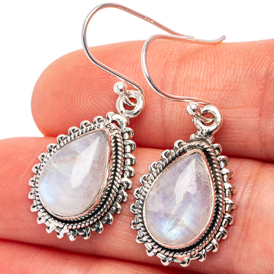 Teardrop moonstone drop earrings, .925 sterling silver with scalloped halo bezel
