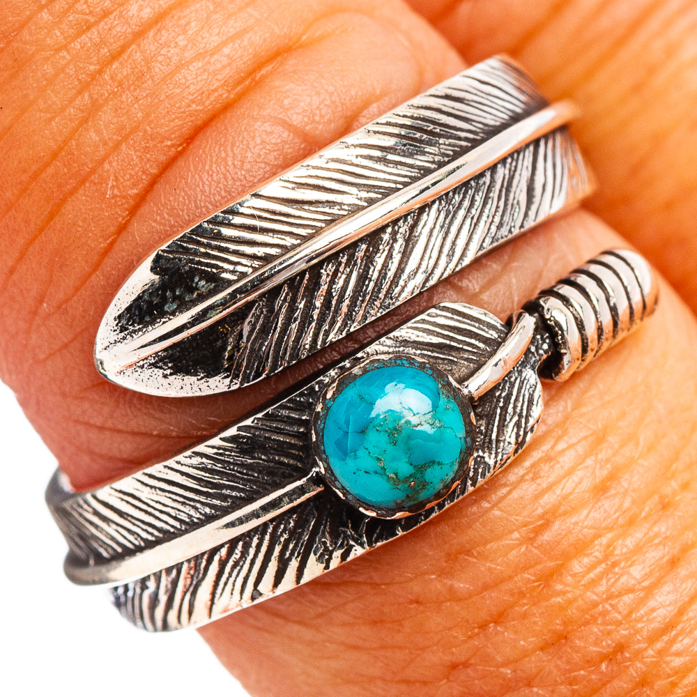 Native Style Mohave Turquoise Feather Ring Size 8 Adjustable (.925 Sterling Silver)