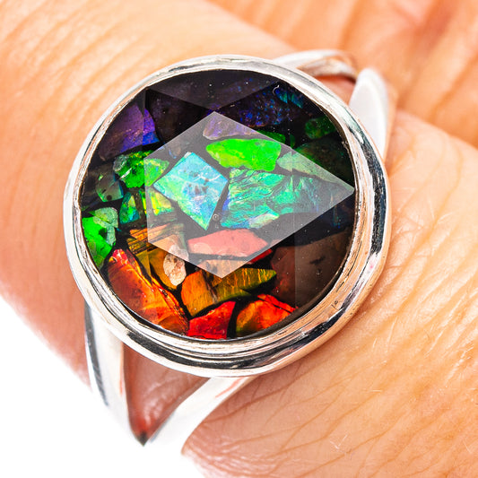 Sterling silver ring with round iridescent mosaic gemstone, faceted bezel setting