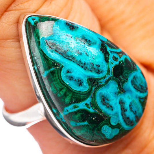 Teal malachite-style cabochon sterling silver teardrop ring with black veining