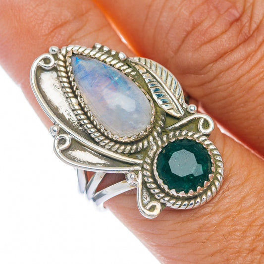 Premium Rainbow Moonstone, Emerald Ring Size 9.75 (.925 Sterling Silver)
